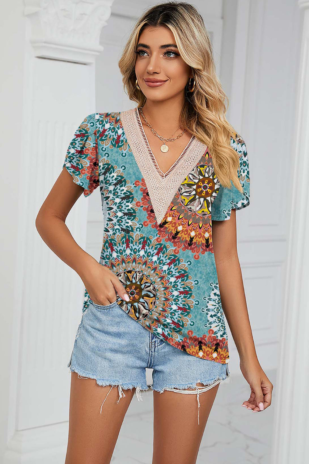 Floral V-Neck Short Sleeve T-Shirt