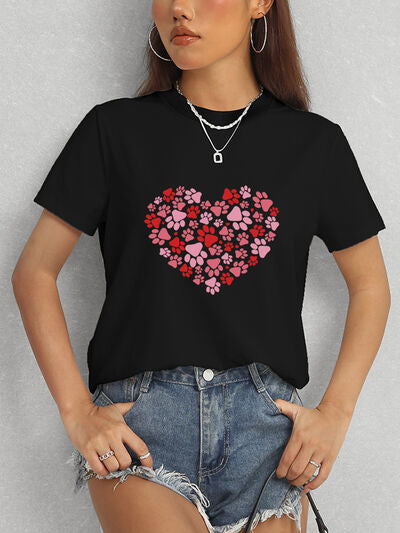 Heart Round Neck Short Sleeve T-Shirt