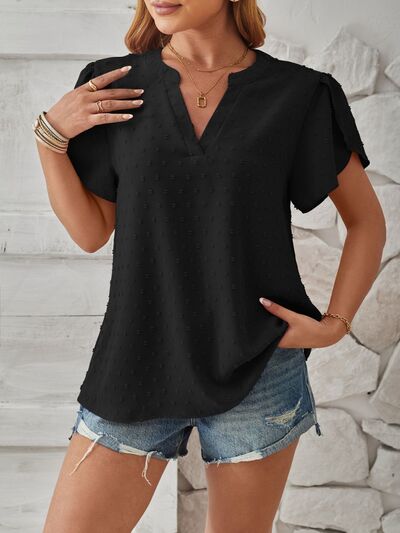 Swiss Dot Notched Petal Sleeve T-Shirt