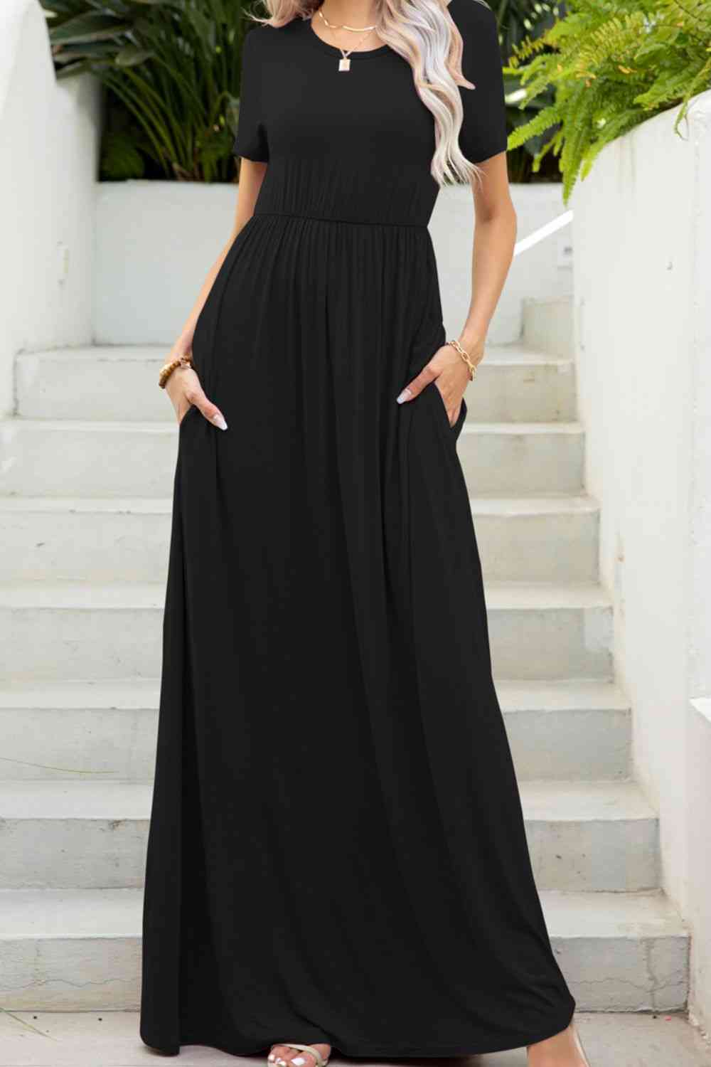 Round Neck Maxi Tee Dress with Pockets  Shop One Place
