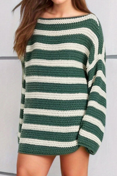 Striped Round Neck Dropped Shoulder Sweater  Shop One Place