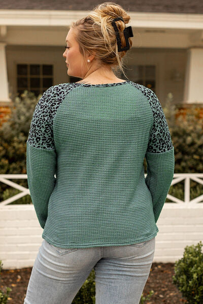 Plus Size Leopard Waffle-Knit Long Sleeve T-Shirt  Shop One Place