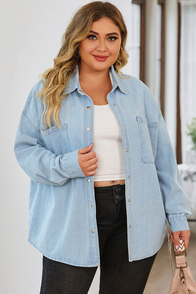 Plus Size Snap Down Pocketed Denim Jacket  Shop One Place