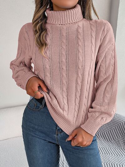 Cable-Knit Turtleneck Dropped Shoulder Sweater  Shop One Place