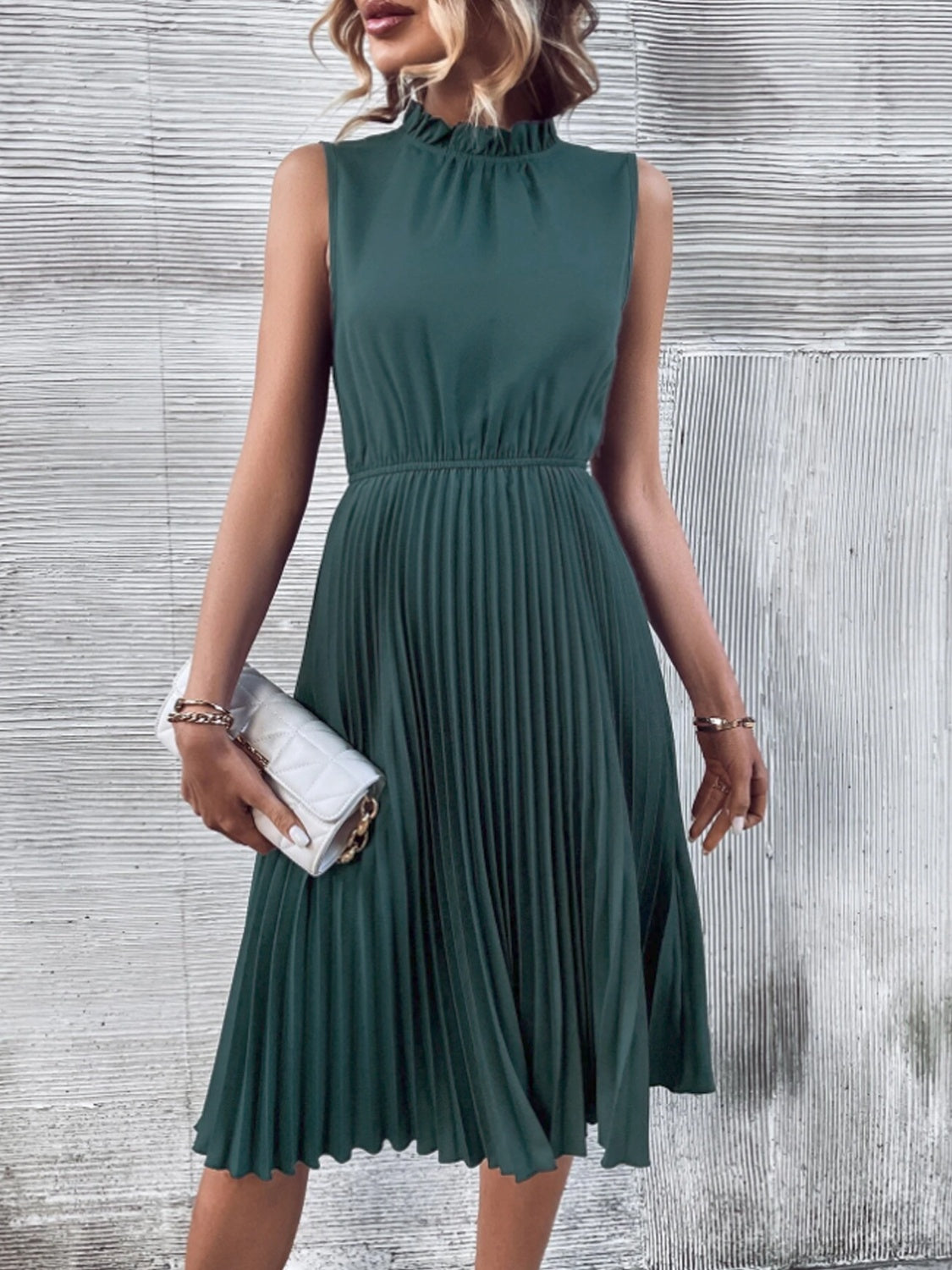 Pleated Frill Mock Neck Sleeveless Dress