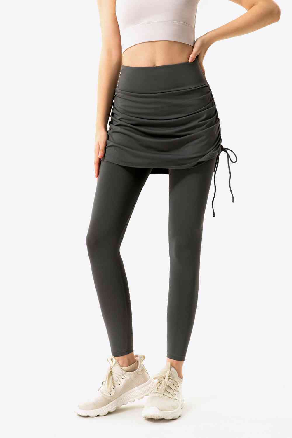 Drawstring Ruched Faux Layered Yoga Leggings