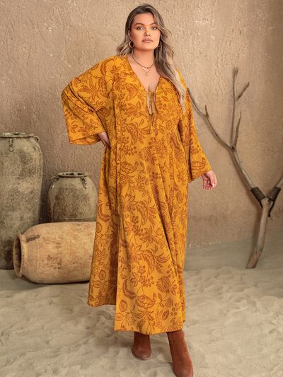 Plus Size Printed Slit Long Sleeve Dress  Shop One Place