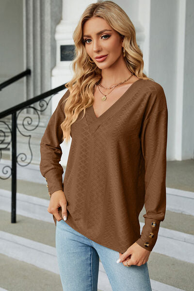 Decorative button V-Neck Lantern Sleeve T-Shirt