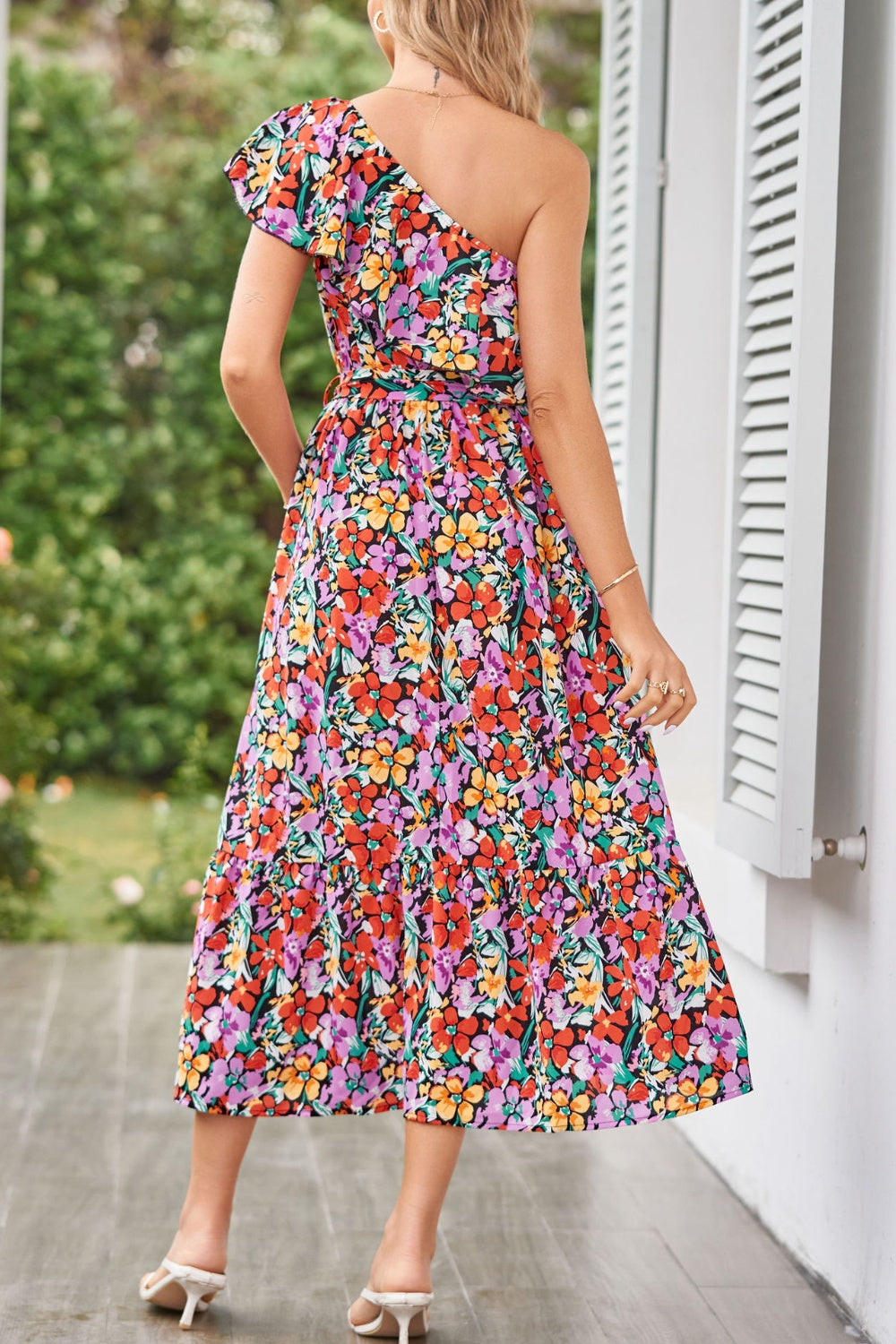 Ruffled Floral One Shoulder Dress