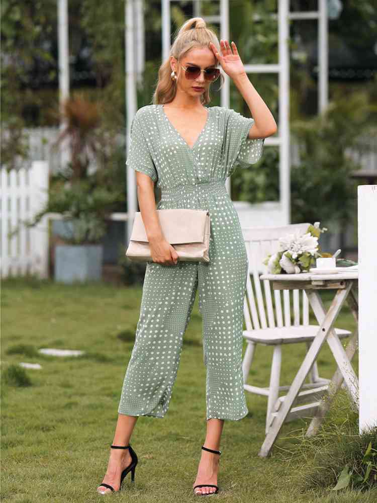 Polka Dot Surplice Neck Jumpsuit with Pockets