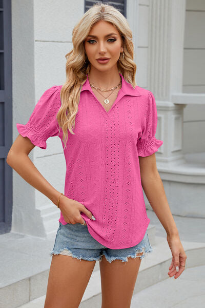 Eyelet Johnny Collar Short Sleeve Blouse