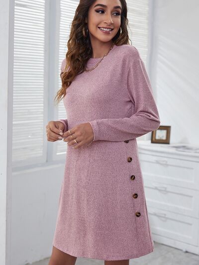 Decorative Button Round Neck Long Sleeve Dress