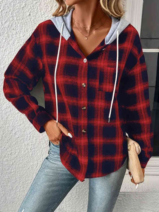 Plaid Drawstring Button Up Hooded Jacket  Shop One Place