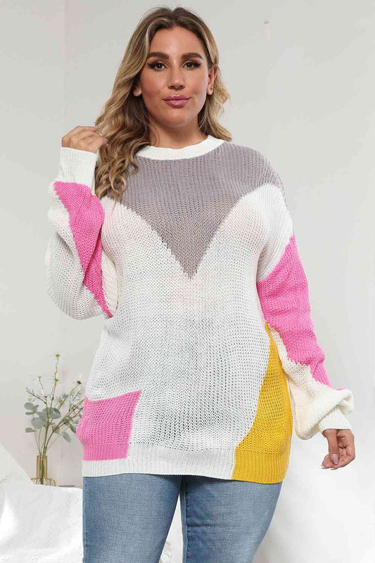Plus Size Color Block Round Neck Sweater  Shop One Place