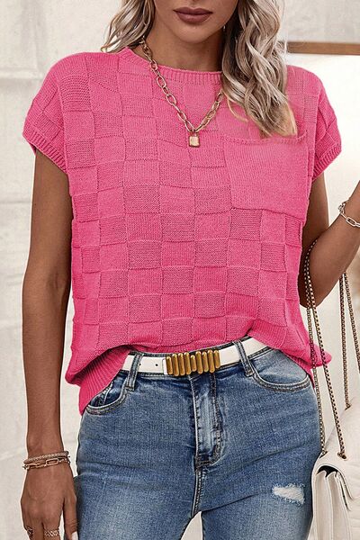 Pocketed Checkered Round Neck Knit Top  Shop One Place