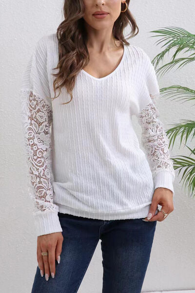 Lace Detail V-Neck Dropped Shoulder T-Shirt