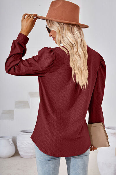 Ruched Notched Long Sleeve T-Shirt