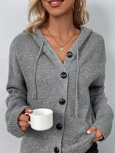 Drawstring Button Up Hooded Cardigan  Shop One Place