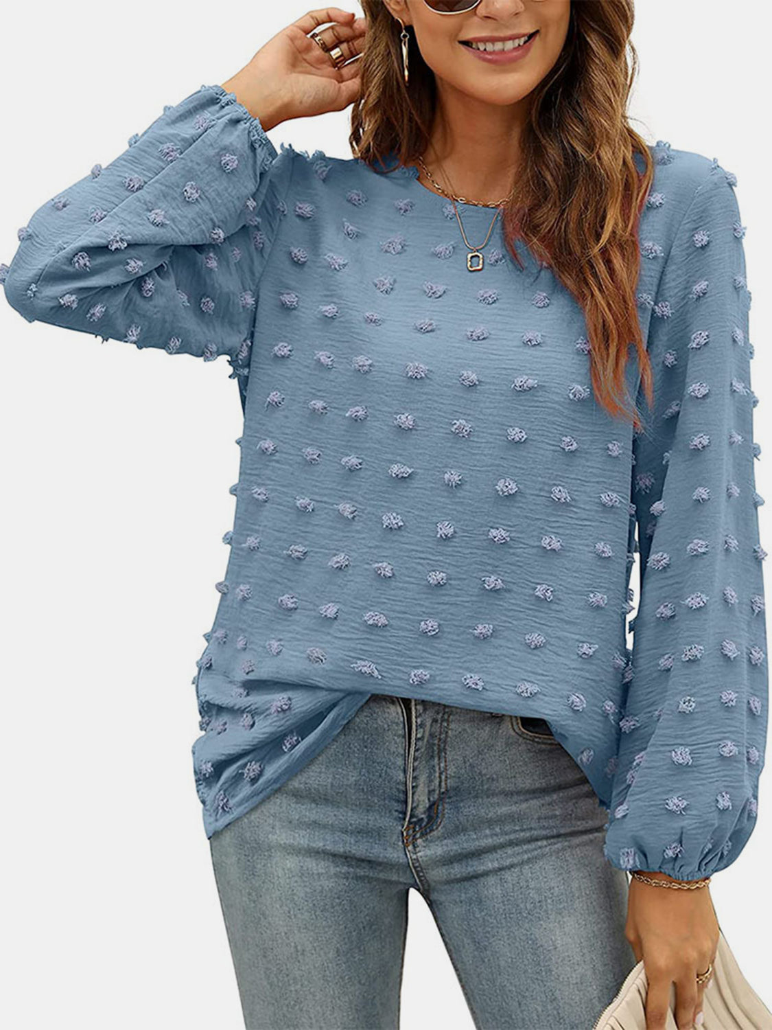 Swiss Dot Round Neck Long Sleeve Blouse