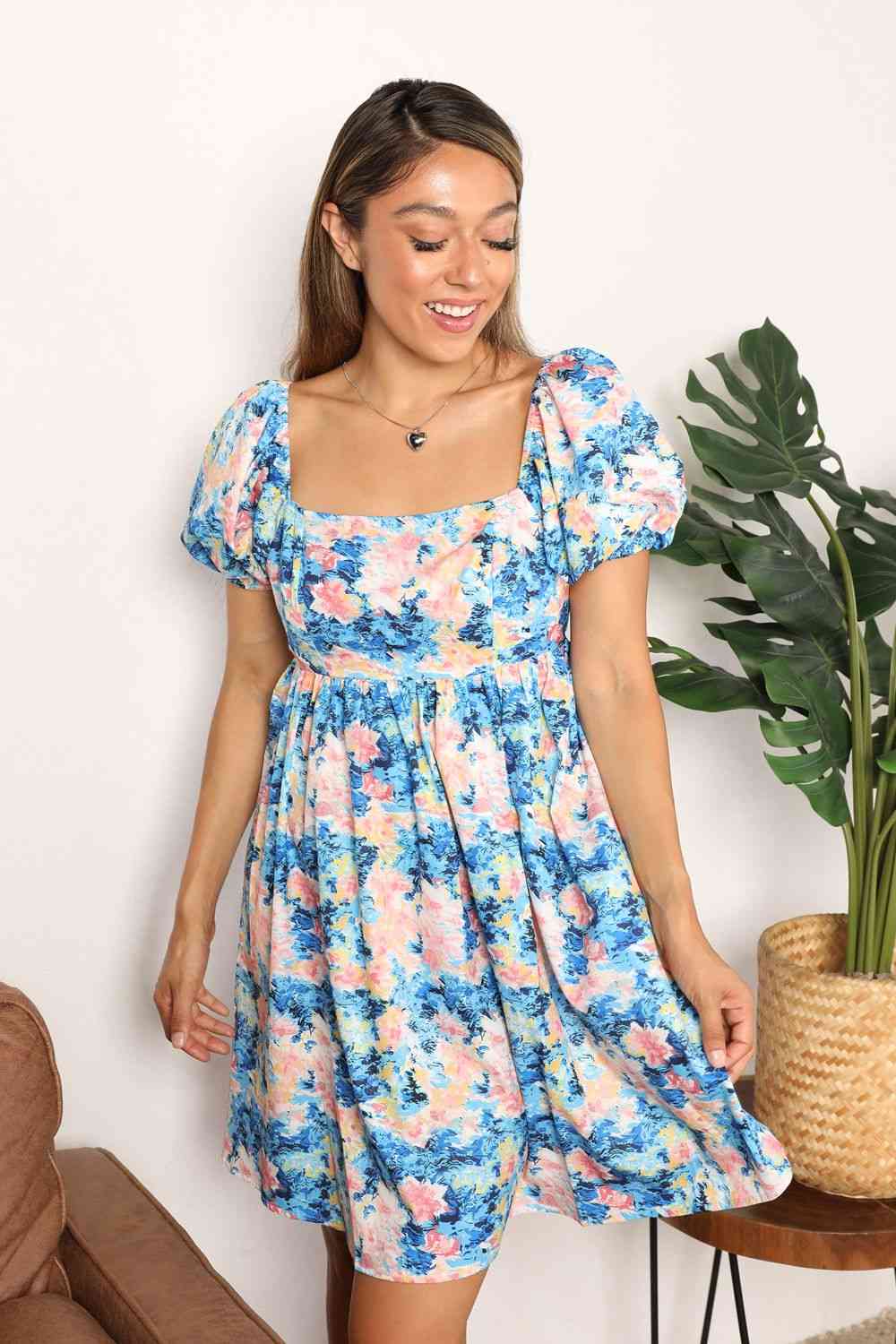 Floral Square Neck Puff Sleeve Dress