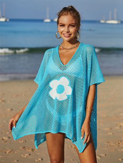 Openwork Flower V-Neck Short Sleeve Cover Up  Shop One Place