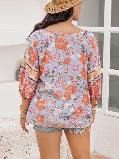Plus Size Printed Tie Neck Balloon Sleeve Blouse  Shop One Place