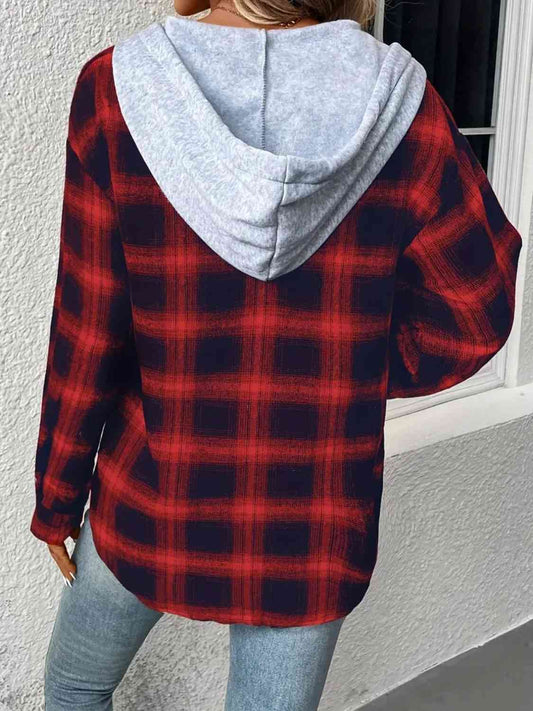 Plaid Drawstring Button Up Hooded Jacket  Shop One Place