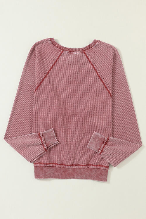 Waffle Knit Raglan Sleeve Henley Sweatshirt