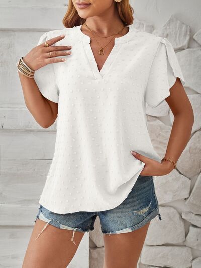 Swiss Dot Notched Petal Sleeve T-Shirt