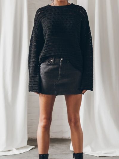 Openwork Round Neck Dropped Shoulder Knit Top  Shop One Place