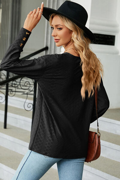 Decorative button V-Neck Lantern Sleeve T-Shirt