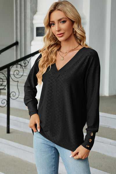 Decorative button V-Neck Lantern Sleeve T-Shirt