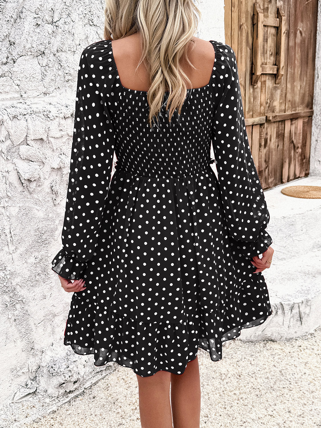 Smocked Polka Dot Long Sleeve Dress