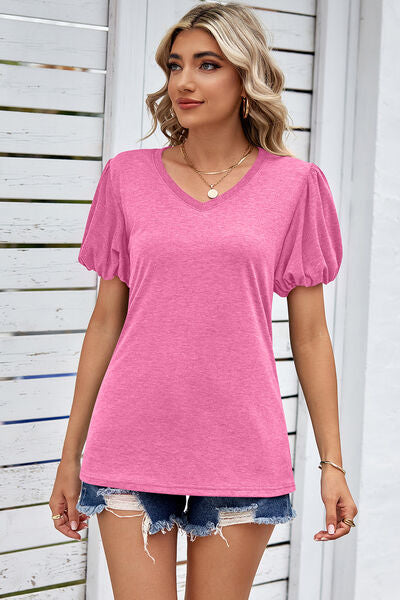 Heathered V-Neck Balloon Sleeve T-Shirt