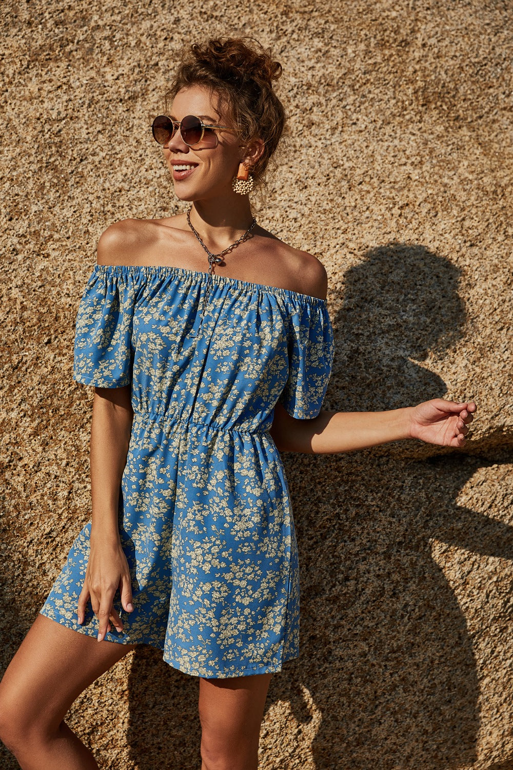 Printed Off-Shoulder Short Sleeve Romper