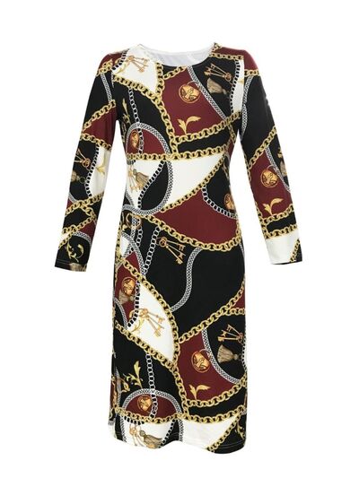 Printed Round Neck Long Sleeve Midi Dress