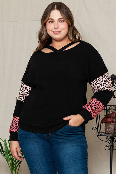 Plus Size Leopard Dropped Shoulder Long Sleeve T-Shirt