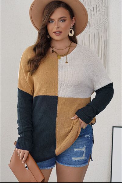Plus Size Color Block Round Neck Sweater  Shop One Place