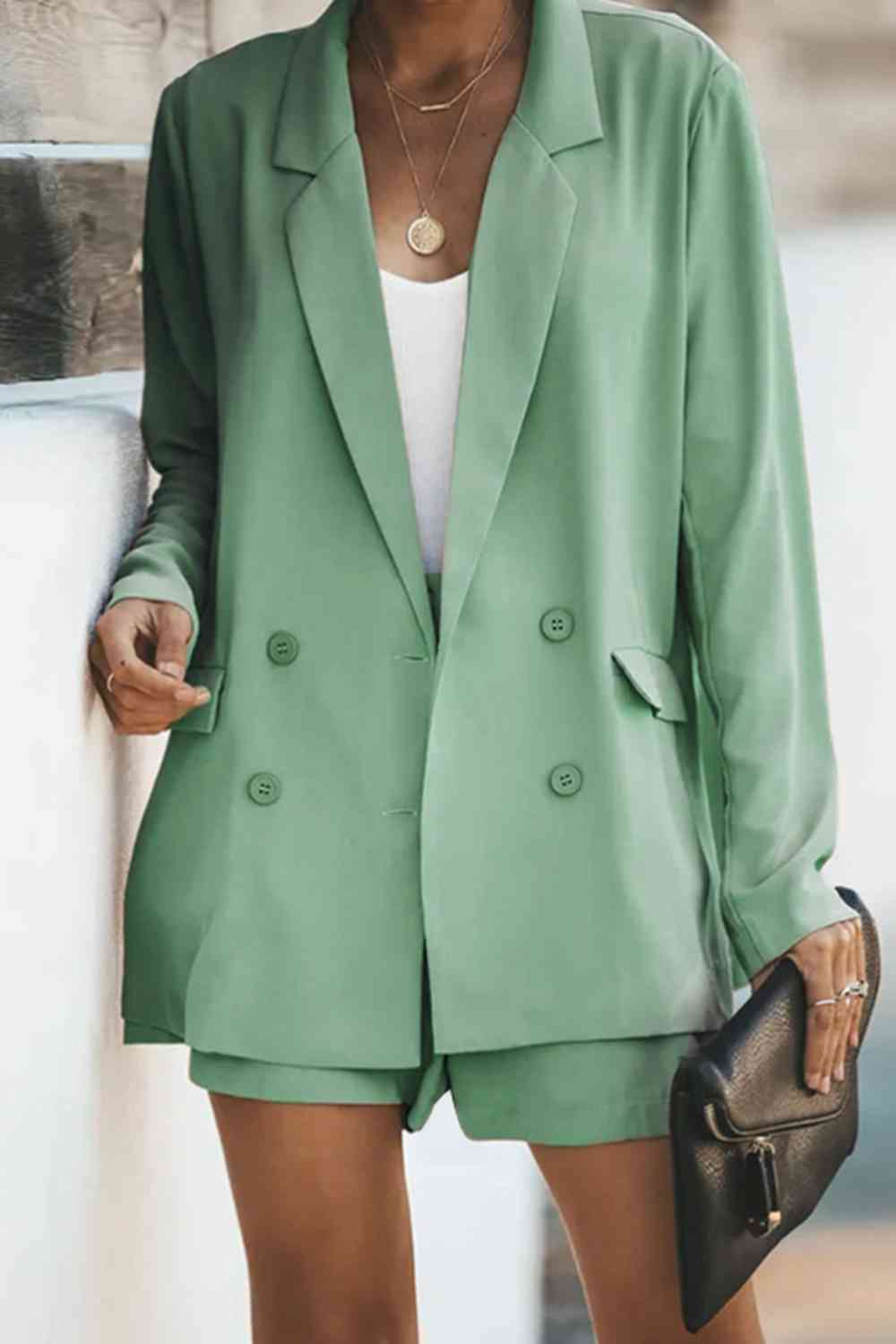 Longline Blazer and Shorts Set with Pockets  Shop One Place