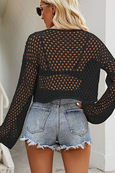 Openwork Round Neck Dropped Shoulder Knit Top  Shop One Place