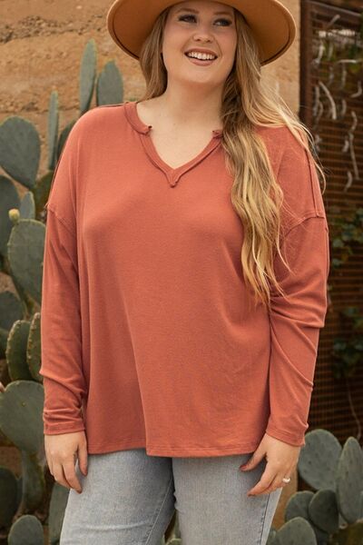 Plus Size Notched Long Sleeve T-Shirt  Shop One Place