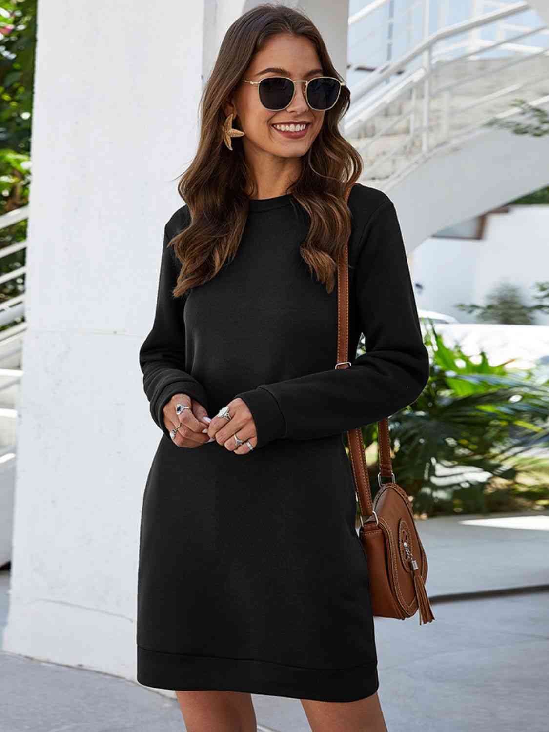 Round Neck Long Sleeve Mini Dress with Pockets