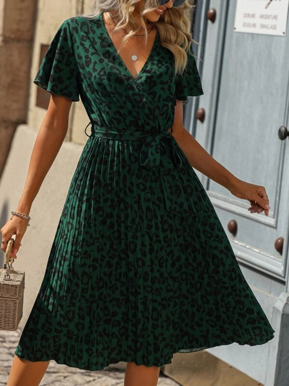 Tied Leopard Surplice Short Sleeve Pleated Dress