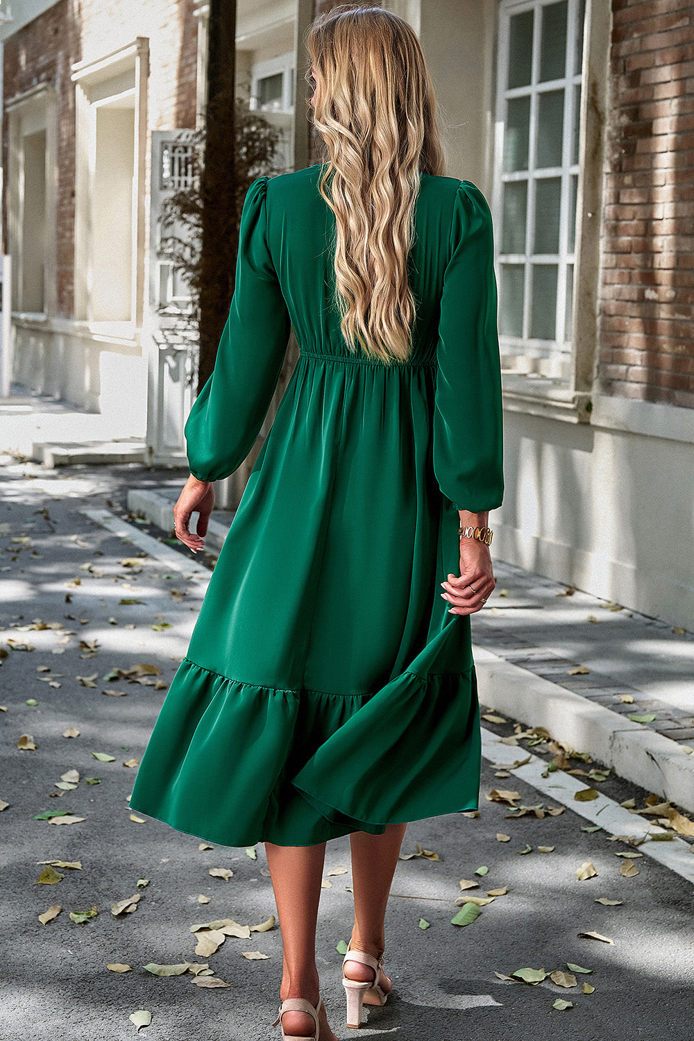 Smocked Surplice Long Sleeve Midi Dress