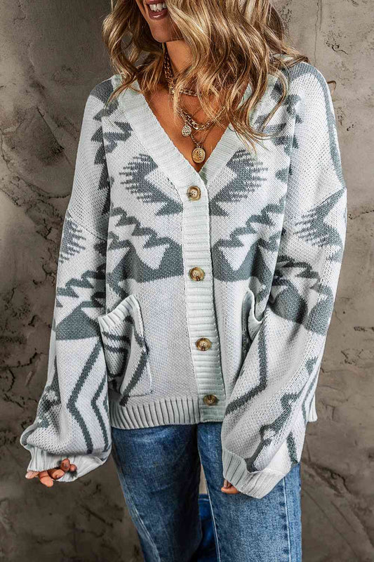 Printed Button Up V-Neck Long Sleeve Cardigan  Shop One Place