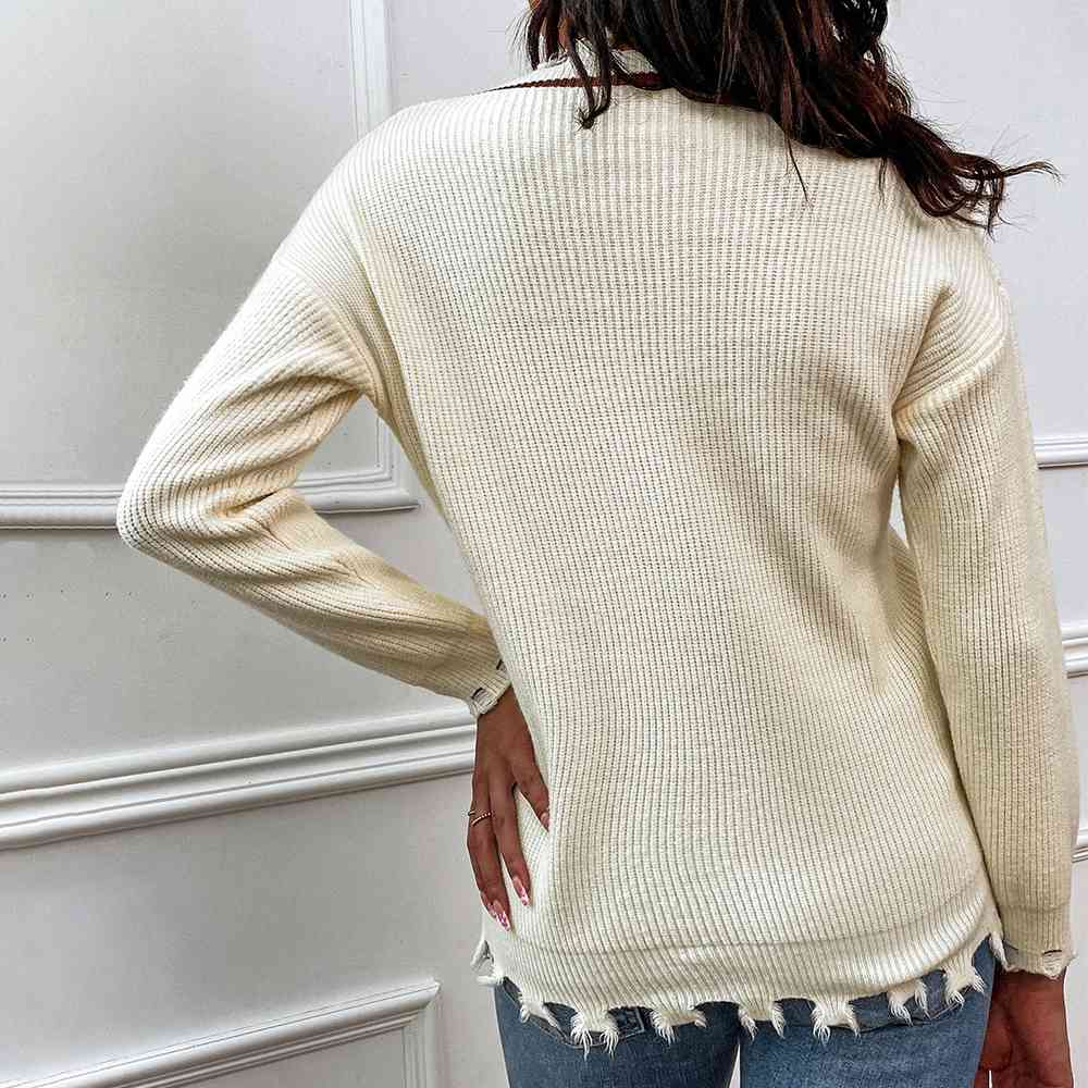 Frayed Detail V-Neck Sweater