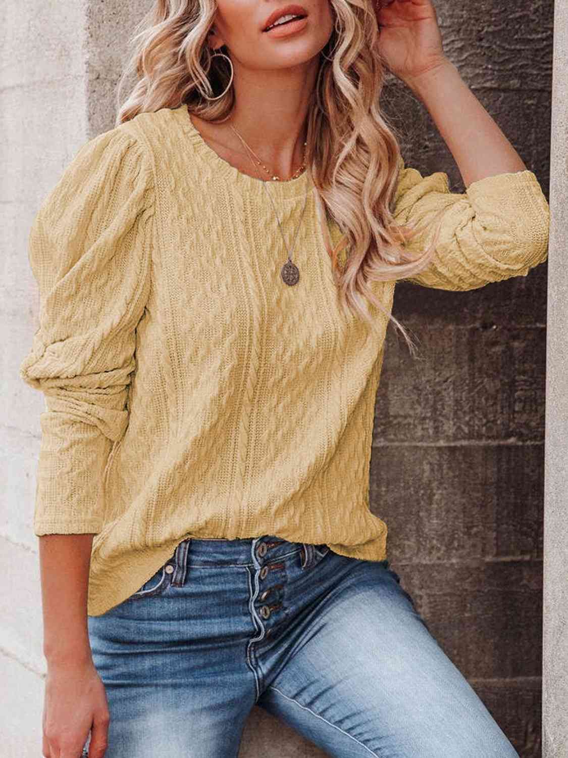 Round Neck Puff Sleeve Knit Top